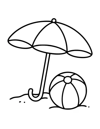 Dibujo lineal en blanco y negro de una gran sombrilla de playa plantada en la arena junto a una pelota de playa redonda con una pequeña válvula en la parte superior.