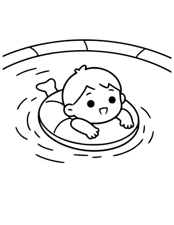 Dibujo lineal en blanco y negro de un niño sonriente con gorro de baño y gafas, flotando boca arriba en una piscina con un flotador alrededor de su cintura.