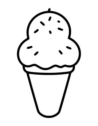 Dibujo lineal en blanco y negro de un cono de helado grande con tres bolas apiladas, pequeñas formas espolvoreadas en las bolas y una base de cono de waffle.
