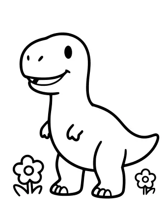 A smiling cartoon T. rex standing upright with two simple flowers at its feet