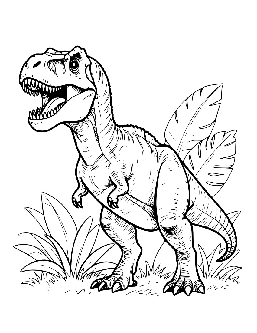 A detailed realistic T. rex with textured skin and open jaws among jungle leaves