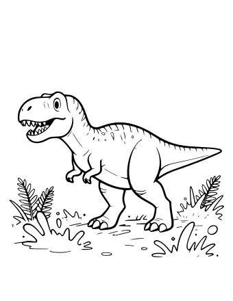 A T. rex walking forward through marshy ground with ferns and water splashes