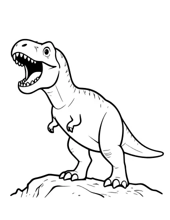 A Tyrannosaurus rex in side view roaring with open jaws on top of a rocky hill