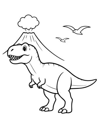 A T. rex in front of a smoking volcano with three flying reptiles in the sky