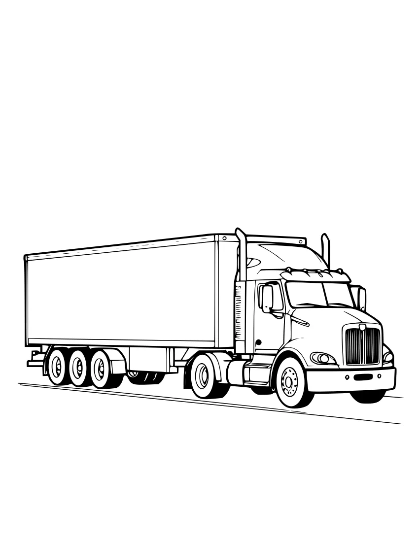Line drawing of a semi truck with a long box trailer on a sloping road, seen from the side