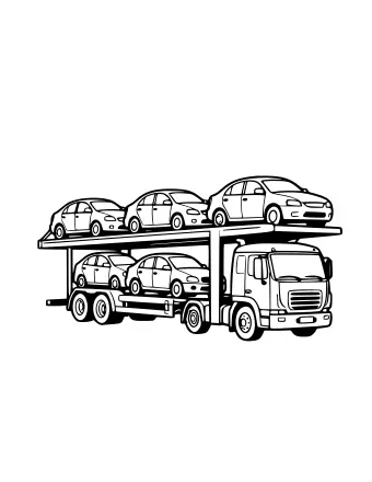 Line drawing of a two-level car transporter truck carrying five small cars