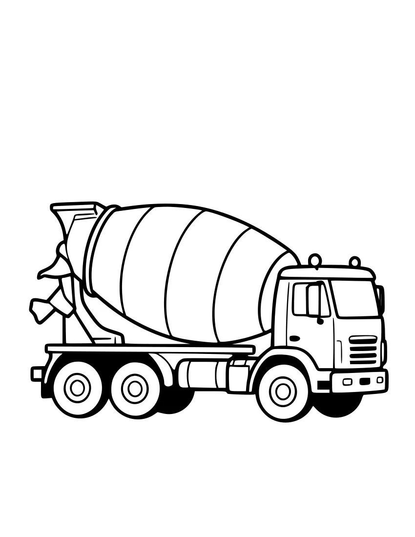 Line drawing of a cement mixer truck with a big spiral-striped drum, seen from the side