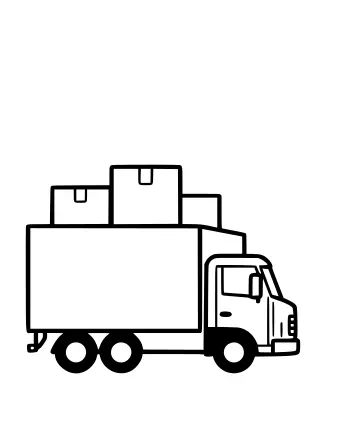 Line drawing of a box delivery truck with a few parcels stacked on top, seen from the side