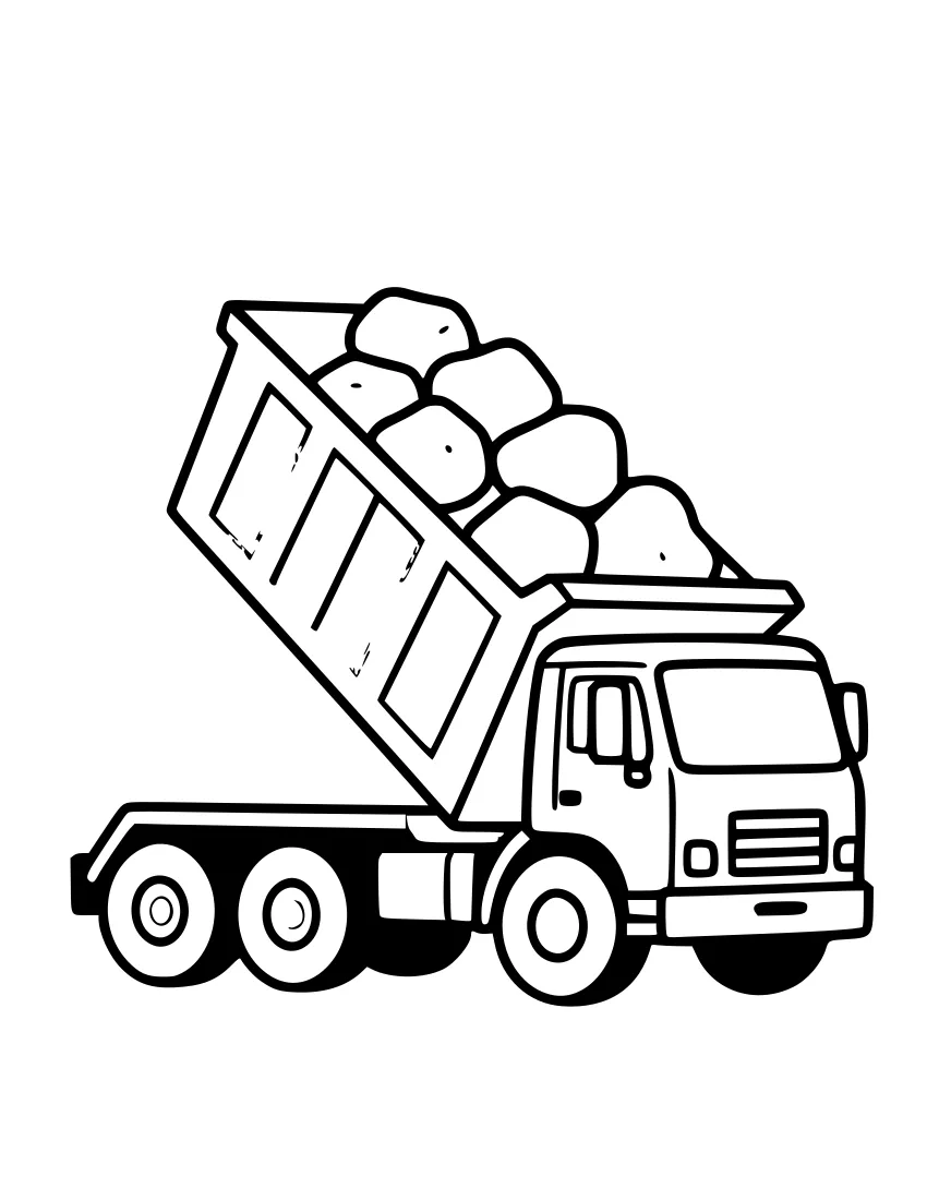 Line drawing of a dump truck with its bed raised and a pile of rocks tipping out, seen from the side