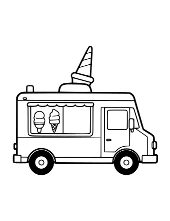 Line drawing of an ice cream truck with a serving window, ice cream cone pictures and a cone on the roof