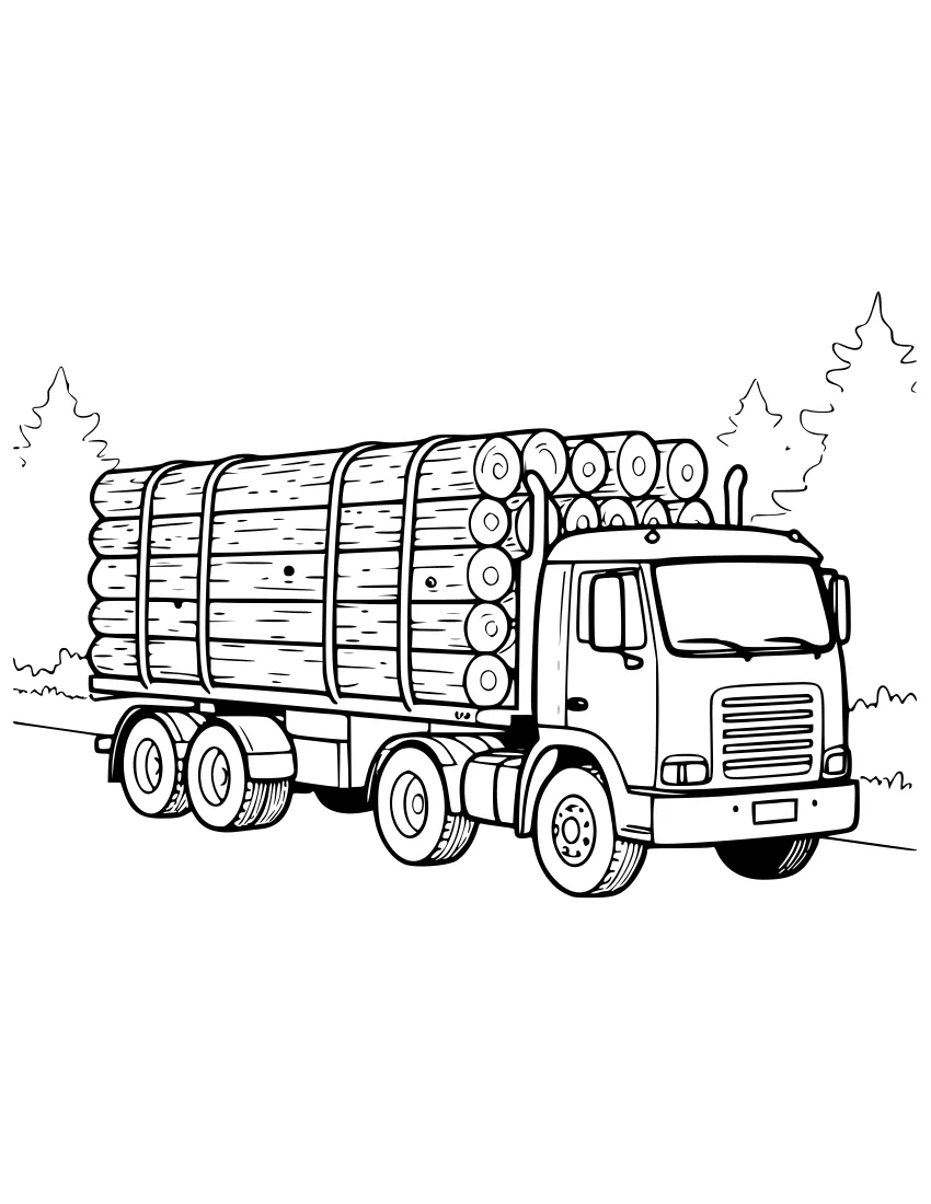 Line drawing of a logging truck with a stack of logs held by straps and pine trees behind