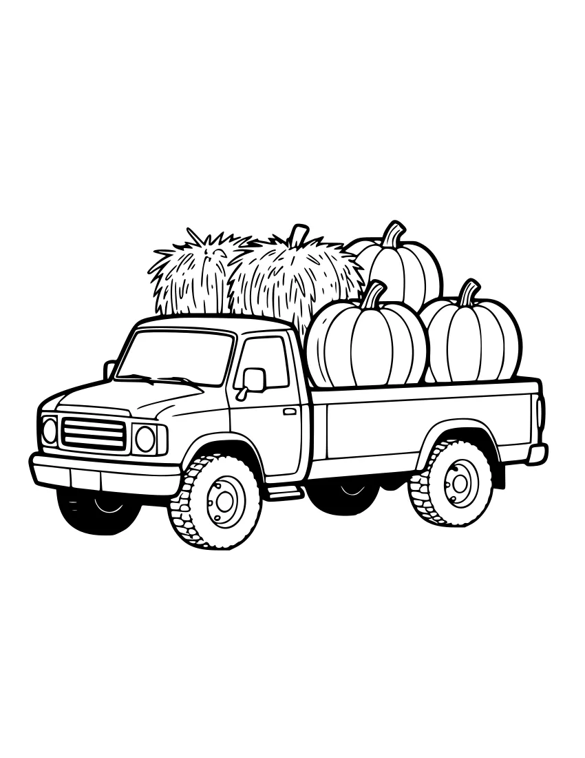 Line drawing of a pickup truck carrying hay bales and pumpkins in its bed