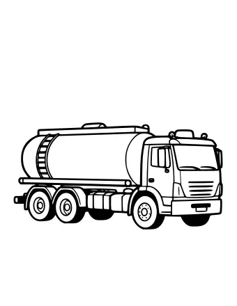 Line drawing of a tanker truck with a large rounded tank and a ladder, seen from a slight angle