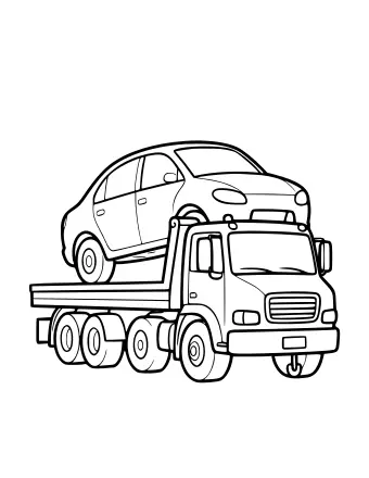 Line drawing of a flatbed tow truck with a small car sitting on its bed, seen from the side