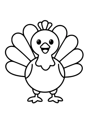 Un pavo sonriente de dibujos animados con un cuerpo redondo, un abanico de plumas en la cola y dos patas palmeadas, mostrado en un sencillo dibujo lineal en blanco y negro.