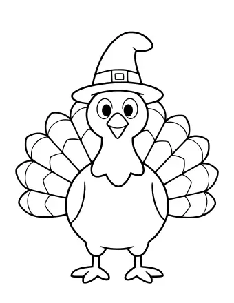 Dibujo lineal en blanco y negro de un pavo sonriente con un sombrero alto de peregrino con hebilla, parado frente a una cola desplegada en capas de plumas.