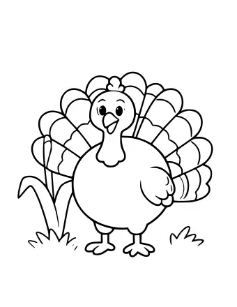 Dibujo lineal en blanco y negro de un pavo regordete con una cola en abanico y dos tallos de maíz a la izquierda, parado sobre un pequeño trozo de hierba.