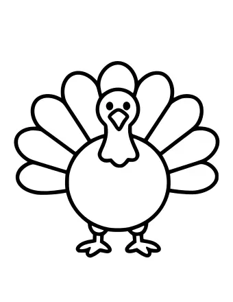 Un simple dibujo lineal en blanco y negro de un pavo con un cuerpo grande y redondo, un abanico de plumas en la cola, dos patas pequeñas y un pico, listo para colorear.