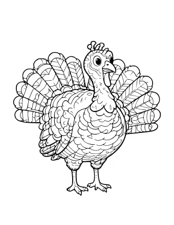Dibujo lineal en blanco y negro de un pavo de perfil con las plumas de la cola completamente desplegadas, mostrando púas de plumas detalladas, una acacia y patas escamosas.