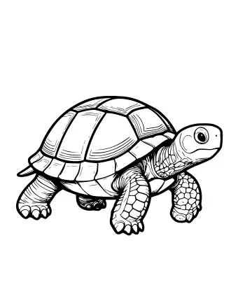Black and white line drawing of a realistic turtle walking to the right, showing a segmented dome shell, scaly front and back legs with claws, and a detailed head with a large eye.
