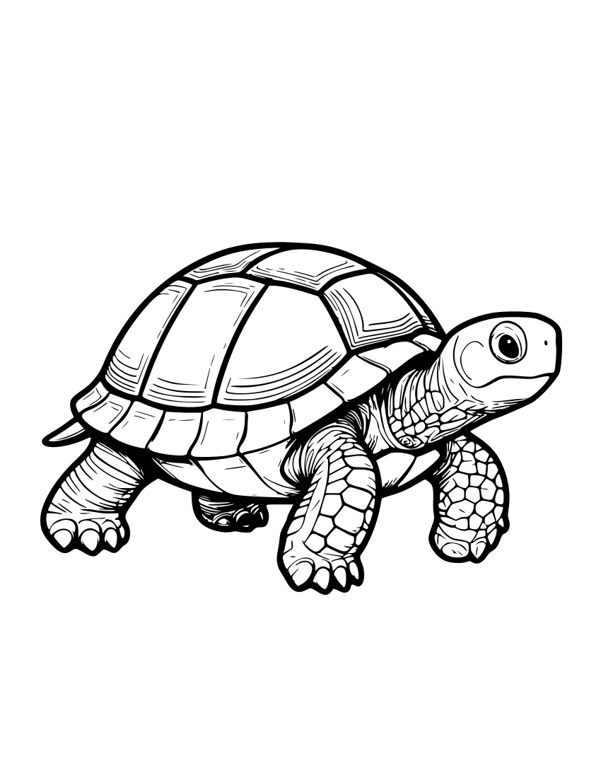 Black and white line drawing of a realistic turtle walking to the right, showing a segmented dome shell, scaly front and back legs with claws, and a detailed head with a large eye.