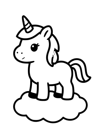 Dibujo lineal en blanco y negro de un lindo unicornio con un cuerno en espiral y una melena arcoíris sobre una nube esponjosa.