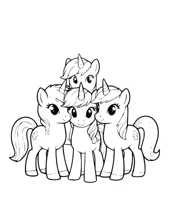 Dibujo lineal en blanco y negro de tres unicornios de dibujos animados parados uno al lado del otro en un bosque, cada uno con un cuerno, una melena suelta y una pequeña marca de flor en el costado.