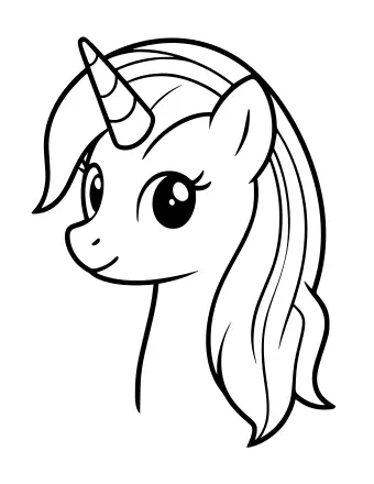 Black and white line drawing of a unicorn head and neck in side view with a spiral horn, pointed ear and a long mane with many flowing strands.