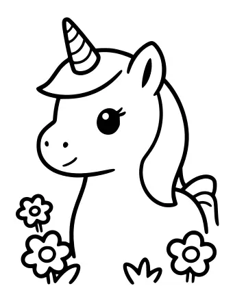 Black and white line drawing of a young unicorn with a spiral horn, short mane and one raised ear sitting among large daisies and tufts of grass.