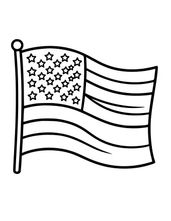 Dibujo lineal en blanco y negro de una bandera estadounidense ondeando con un círculo de estrellas en la esquina superior izquierda y franjas onduladas, montada en un asta de bandera.
