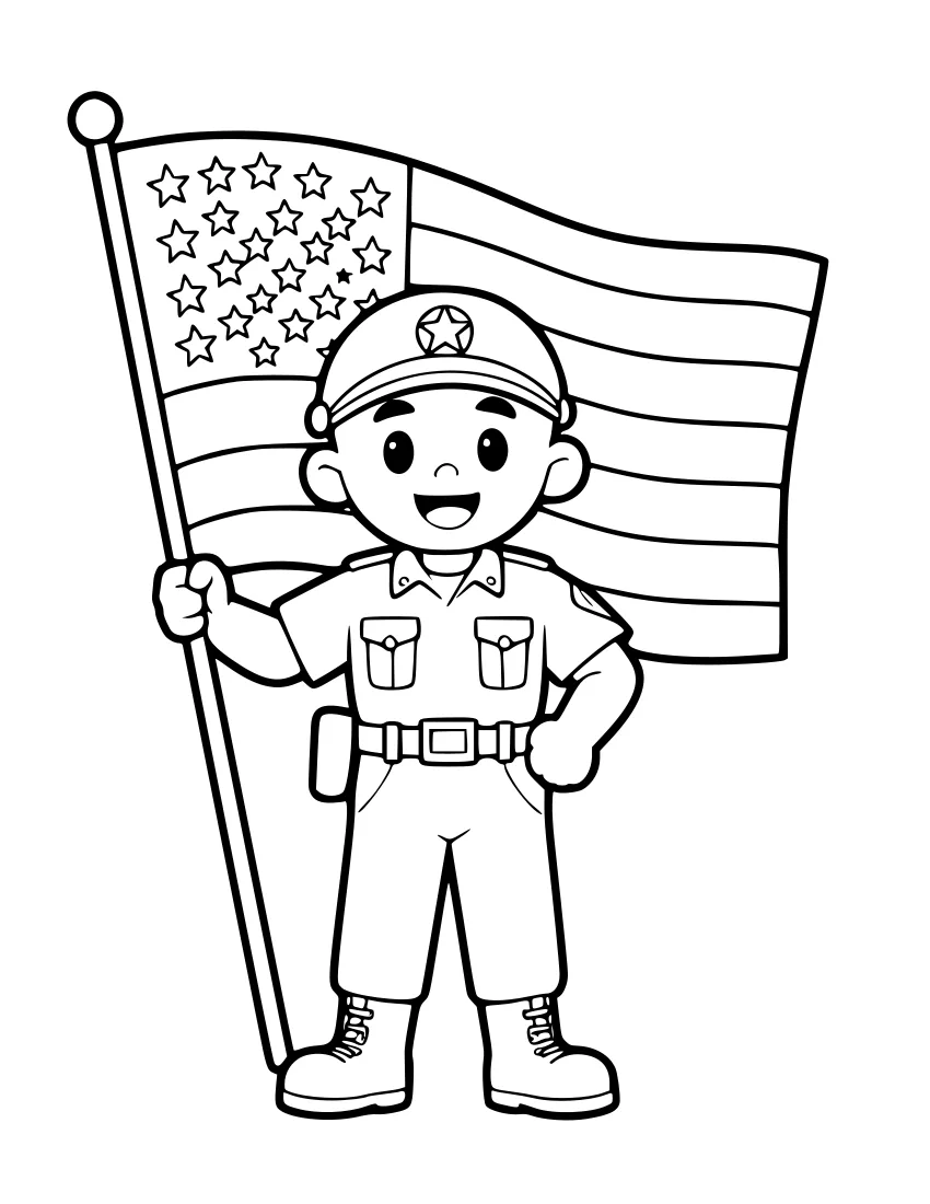 Black-and-white line drawing of a smiling cartoon service member in a dress uniform with a cap, holding a flagpole with a waving American flag; blank space below for a handwritten note